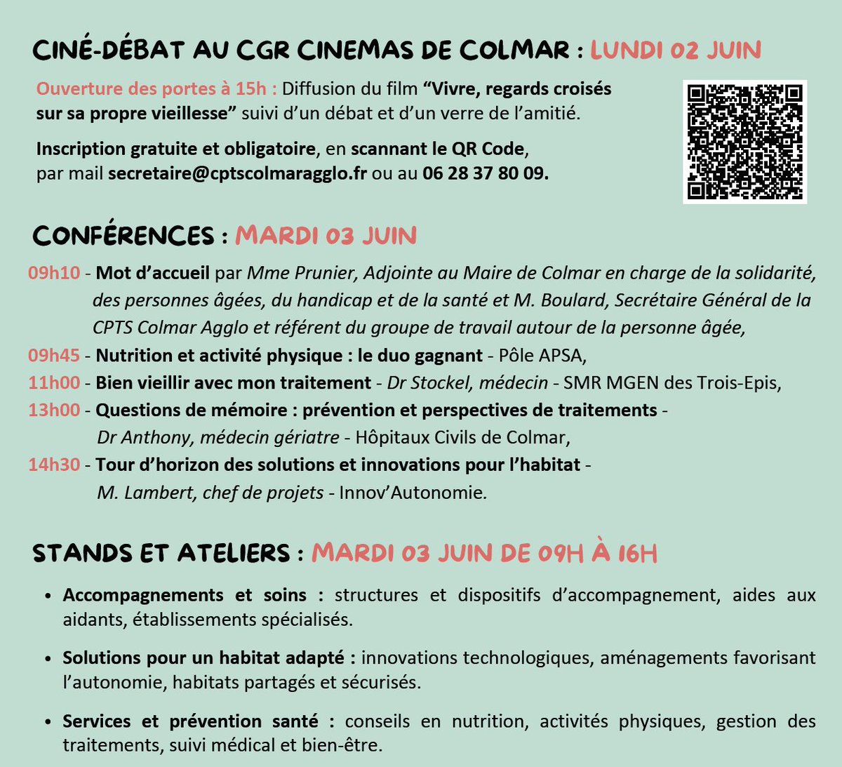 🧓👵Les 2 &amp; 3 juin à Colmar : Journées du Bien Vieillir !
 Ciné-débat, conférences, ateliers &amp; stands autour de la santé, du bien-être et de l’habitat des seniors.
📍 Salle des Catherinettes – Entrée libre - Programme &amp; infos 👉 cptscolmaragglo.fr
