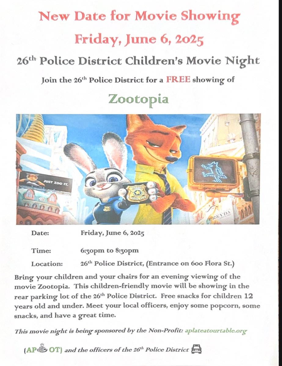 PPD26Dist's tweet image. Come join us with your families on a new date for our movie night as we watch Zootopia. Hope to see you there.
