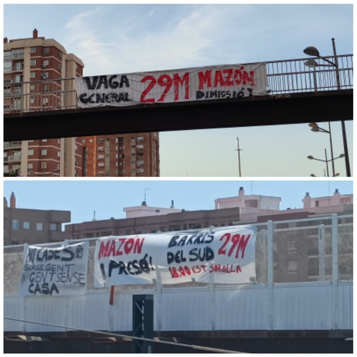 🔥  29M VAGA GENERAL AL PAÍS VALENCIÀ! 🔥

📍12:00 Estació del Nord

📍17:00 Pl. Miguel Hernández (Parke Alcosa)

📍18:00 Estació Joaquin Sorolla

📍19:00 Pl. de l'Ajuntament

PARTICIPA, DIFON, ORGANTITZA'T! 🔥✊

#VagaGeneral29M
#MazónDimissió