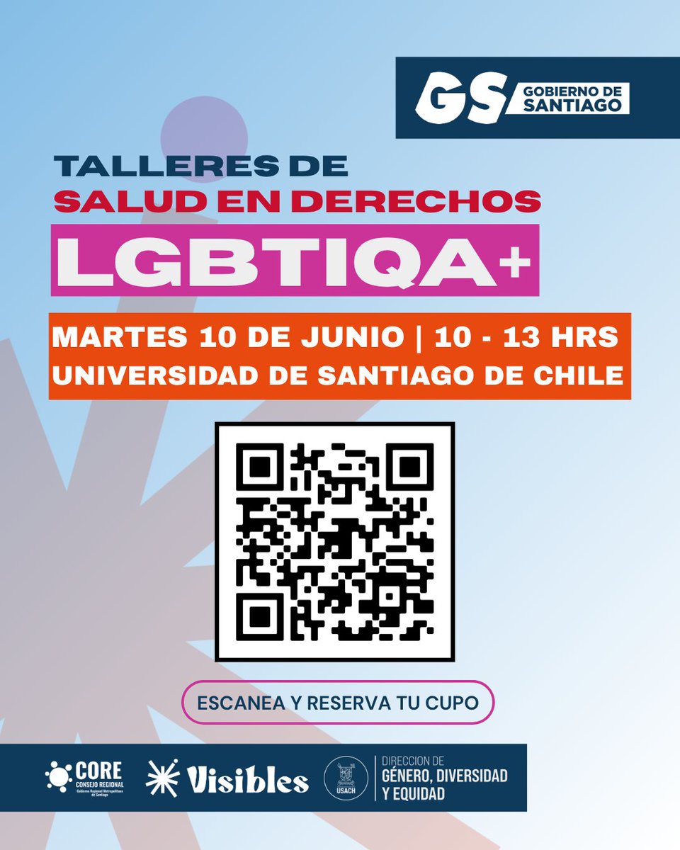 Dirección de Género Diversidad y Equidad USACH (@generousach) on Twitter photo #Visibles te invita al Taller de Derechos LGBTIQA+ en atención sanitaria:
📌 10 de junio | 10:00 h
🏛️ Auditorio B <a href="/vimeusach/">Vinculación con el Medio Usach</a>
📝 Inscríbete: 🔗 docs.google.com/forms/d/e/1FAI…
📲 Escanea QR
Programa del <a href="/Gob_Santiago/">Gobierno de Santiago</a> que ejecuta <a href="/usach/">Universidad de Santiago de Chile</a> #SaludInclusiva #SaludTransParaChile #Visibles te invita al Taller de Derechos LGBTIQA+ en atención sanitaria:
📌 10 de junio | 10:00 h
🏛️ Auditorio B <a href="/vimeusach/">Vinculación con el Medio Usach</a>
📝 Inscríbete: 🔗 docs.google.com/forms/d/e/1FAI…
📲 Escanea QR
Programa del <a href="/Gob_Santiago/">Gobierno de Santiago</a> que ejecuta <a href="/usach/">Universidad de Santiago de Chile</a> #SaludInclusiva #SaludTransParaChile