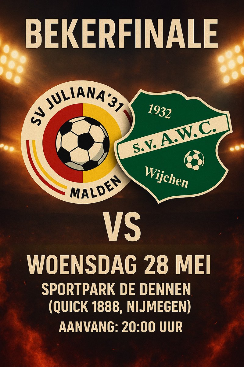 ❤️💛MATCHDAY ❤️💛 
⚽️ <a href="/JulianaMalden/">SV Juliana '31</a>  vs <a href="/AWCwijchen/">sv AWC</a>
🏆 Finale districtsbeker 
📆 Woensdag 28 mei 2025
⏲️ 20:00 uur
Op het terrein van Quick 1888, Sportpark de Dennen, Nijmegen 
<a href="/robkoppersfoto/">Rob Koppers</a>