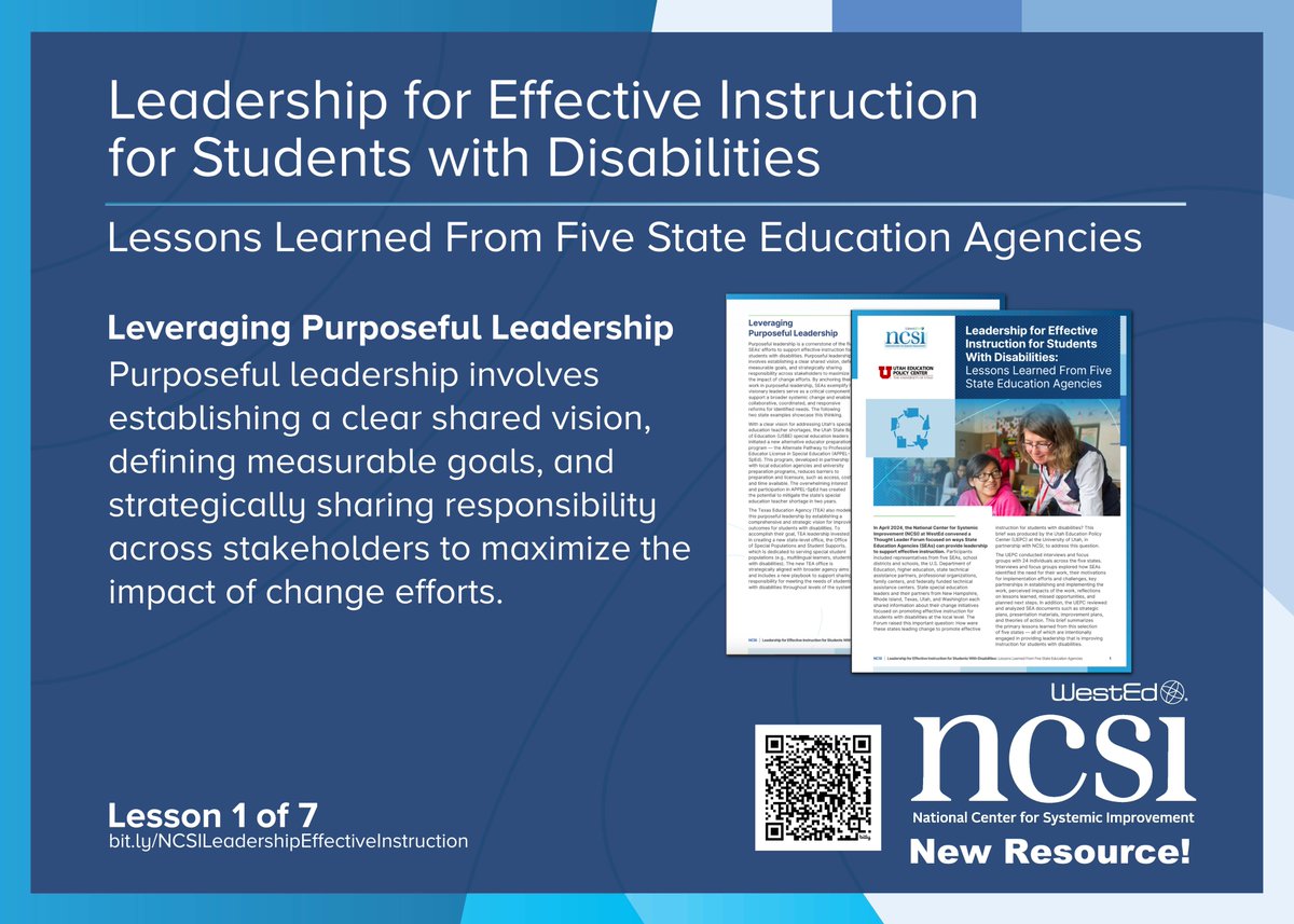 Over the next few posts, we’ll share 7 key levers for effective instruction and system-wide improvement. 

Lever 1: Leveraging Purposeful Leadership because vision-driven leadership creates systemic change!

ncsi.wested.org/wp-content/upl…