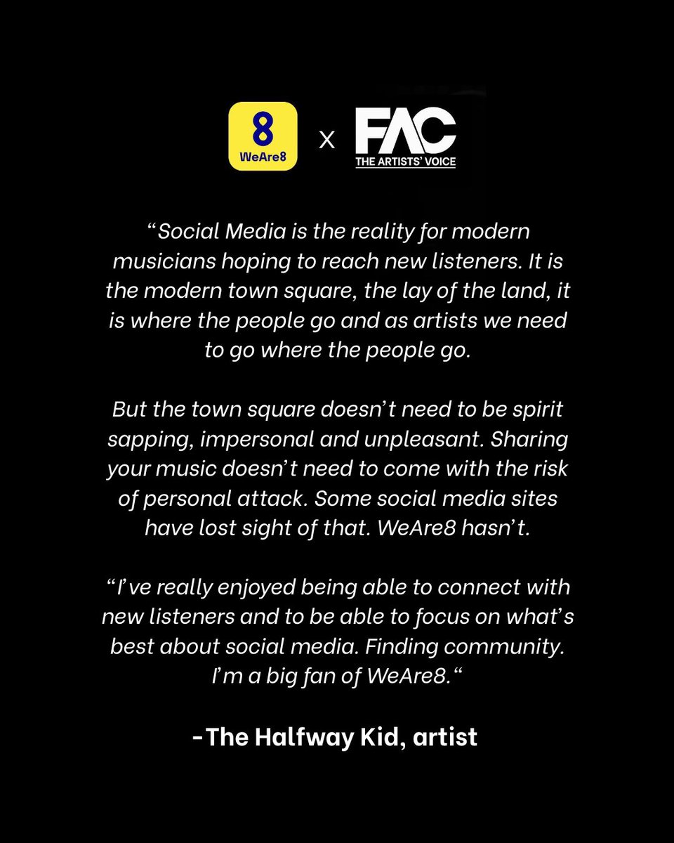 The FAC is proud to announce our partnership with WeAre8, The People’s Platform. 
On WeAre8, people  are protected from toxic content, own their audience and - with no controlling algorithms -  are guaranteed to see posts from the people they choose to follow and vice versa.