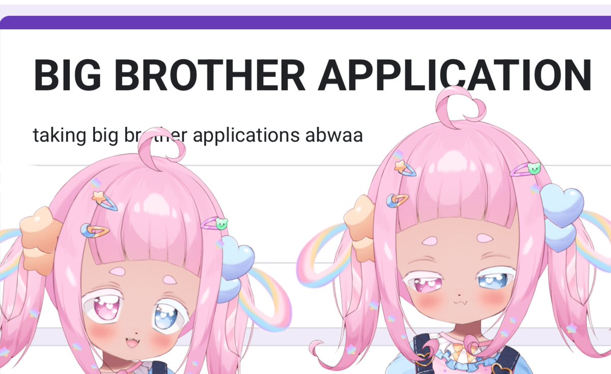 HEBBWO!! This Friday Im calling all big bros!! Im taking big brother applications! It’s a test of your love for kissie and to see your true feelings as a big bro hehe (⸝⸝&gt; ᴗ•⸝⸝) sign up in replies!!