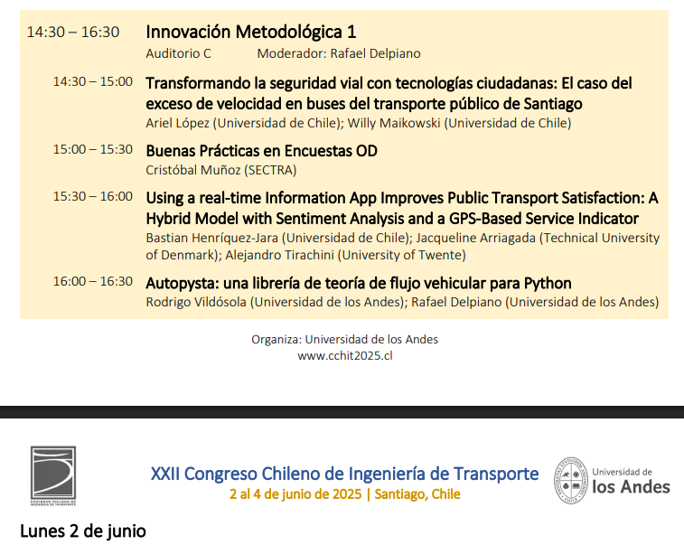 La próxima semana se inicia el XXII Congreso Chileno de Ingeniería de Transporte <a href="/SOCHITRAN/">SOCHITRAN</a>. La información para asistir está en: cchit2025.cl/participantes/

Con <a href="/WillyMaikowski/">Willy Maikowski</a> expondremos el día Lunes 14:30  sobre seguridad vial y tecnología, la plataforma <a href="/red_movilibot/">Red Movilibot 🔴🚍</a>