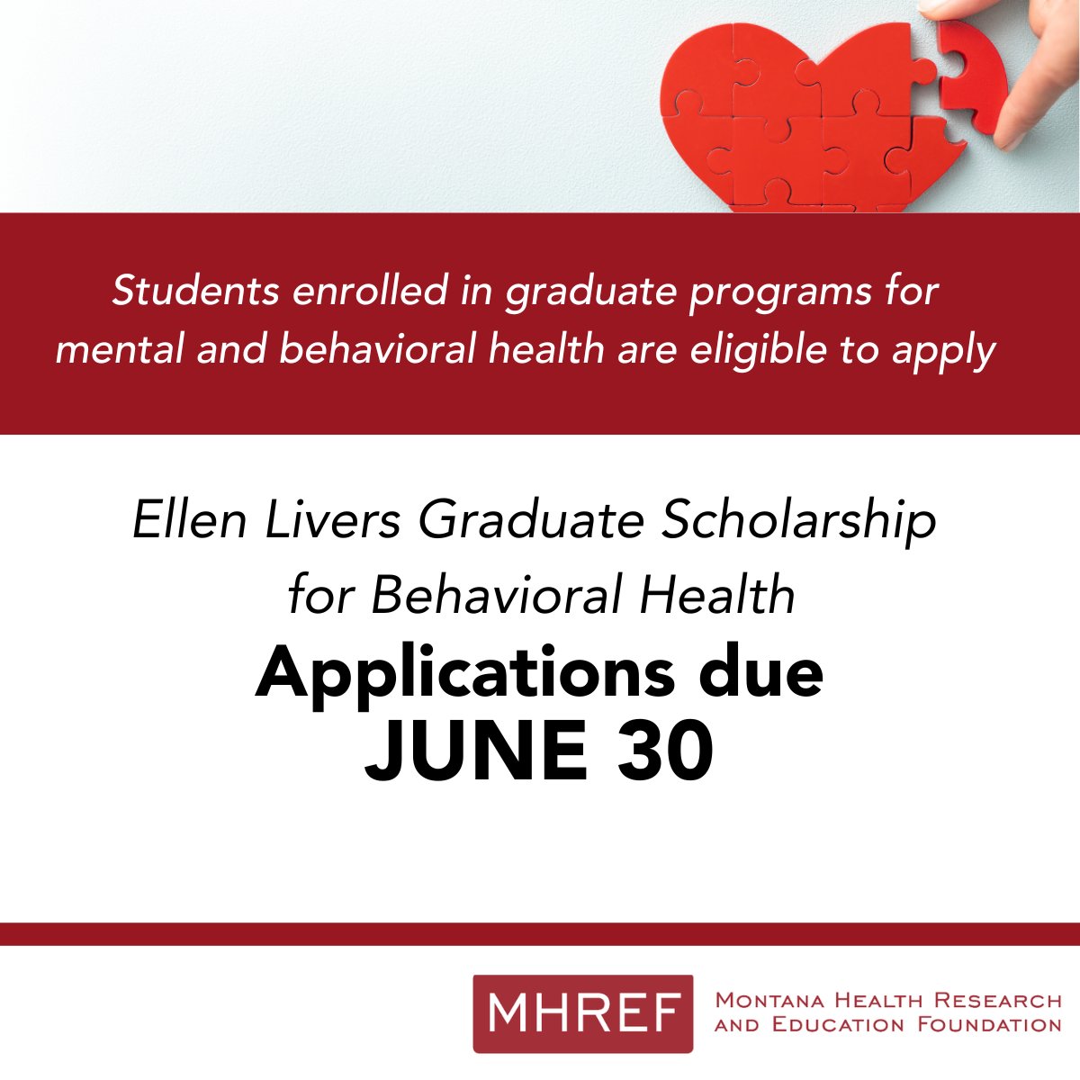 Honoring Ellen Livers’ lifelong commitment to improving health throughout our state, MHREF is proud to offer this one-time, annual scholarship of $2,500 to Montana students. 

Learn more and apply at mtha.org:  mtha.org/foundation/mon…