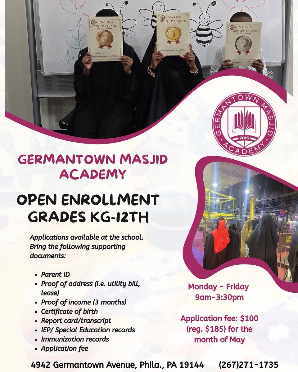 gtma_info's tweet image. 🔖 Enrolling grades KG-12th
* Limited seating
* Discounted registration fees for the month of May
* Call 267-271-1735 or email admissions@gtmacademy.org
