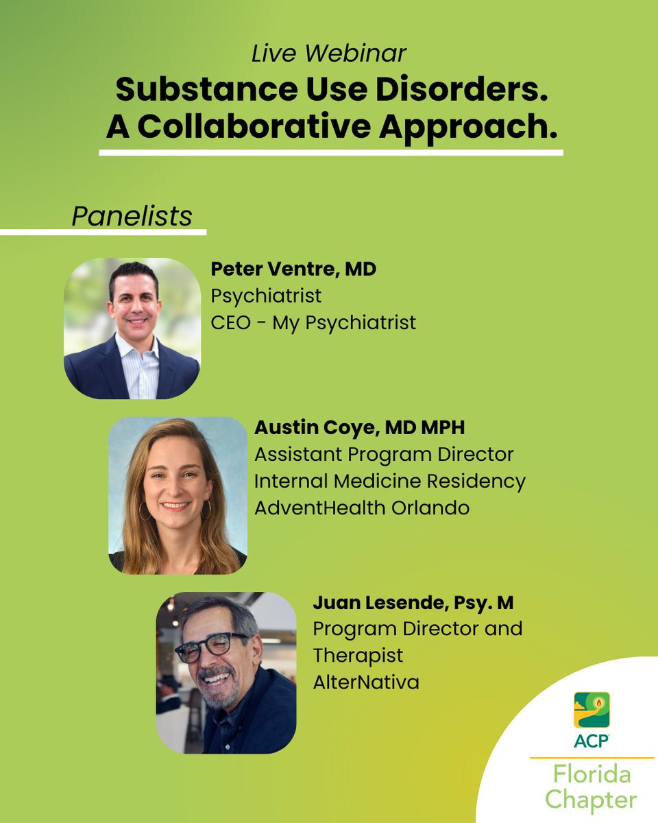🚨 Just 1 day left! Our webinar on Substance Use Disorders is TOMORROW at 6:30 PM ET 🧠🏥 Join experts in Psychiatry, Internal Med &amp; Therapy for key insights on managing addiction.

✨ Register now: shorturl.at/gYxDl

#ACPFlorida #WebinarReminder #Webinar