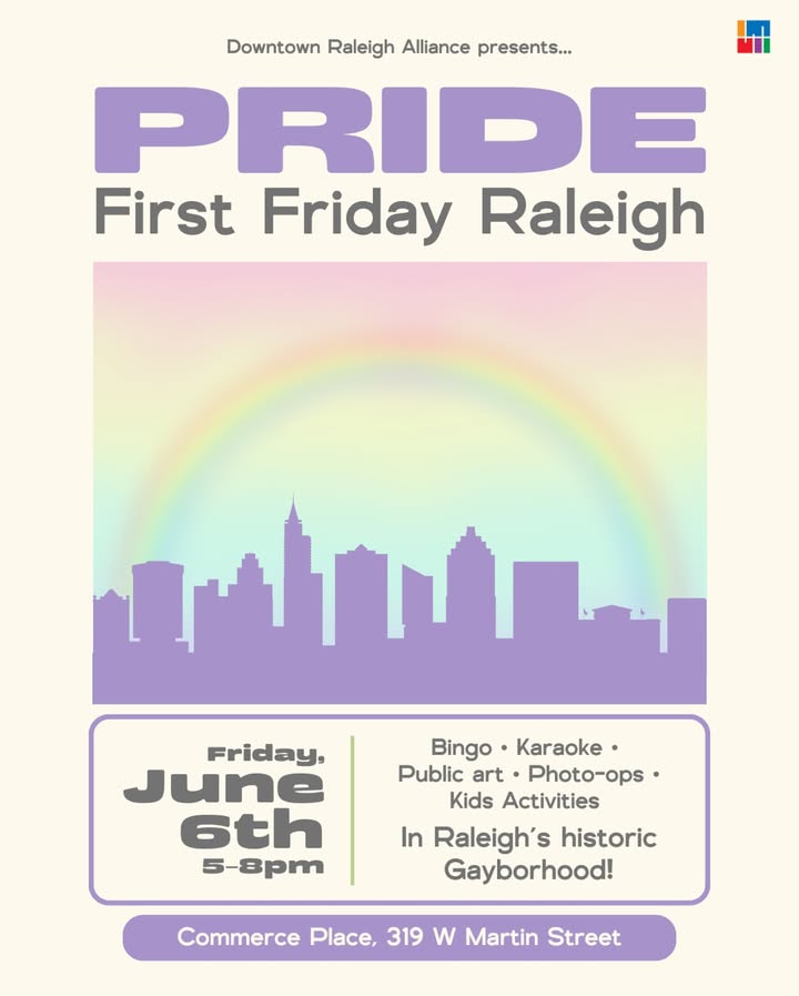 Downtown Raleigh Alliance (@downtownraleigh) on Twitter photo Celebrate the start of LGBTQ+ Pride Month at Pride <a href="/FirstFridayRal/">First Friday Raleigh</a> in Commerce Place! 🏳️🌈 Come by for karaoke, bingo, free portraits, and more.
This block party is free, family-friendly, and open to Sip N’ Stroll beverages.
📆 Friday, June 6th 🕔 5-8pm 📍319 W Martin Street Celebrate the start of LGBTQ+ Pride Month at Pride <a href="/FirstFridayRal/">First Friday Raleigh</a> in Commerce Place! 🏳️🌈 Come by for karaoke, bingo, free portraits, and more.
This block party is free, family-friendly, and open to Sip N’ Stroll beverages.
📆 Friday, June 6th 🕔 5-8pm 📍319 W Martin Street
