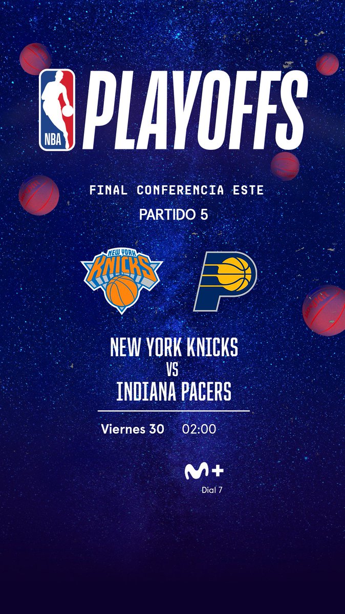 NBA en Movistar Plus+ (@movistarnba) on Twitter photo GANA O DRAMA.
⚔️ Knicks - Pacers | GAME 5
📺 <a href="/MovistarPlus/">Movistar Plus+</a> dial 7 | 02:00
🎙️ <a href="/ICano14/">Iñaki Cano Martínez</a> <a href="/RamonFdezEs/">Ramón Fernández</a>
✅ Por 9,99 €/mes, seas del operador que seas.
📎 movistarplus.es
#TiempoDePlayoffs GANA O DRAMA.
⚔️ Knicks - Pacers | GAME 5
📺 <a href="/MovistarPlus/">Movistar Plus+</a> dial 7 | 02:00
🎙️ <a href="/ICano14/">Iñaki Cano Martínez</a> <a href="/RamonFdezEs/">Ramón Fernández</a>
✅ Por 9,99 €/mes, seas del operador que seas.
📎 movistarplus.es
#TiempoDePlayoffs