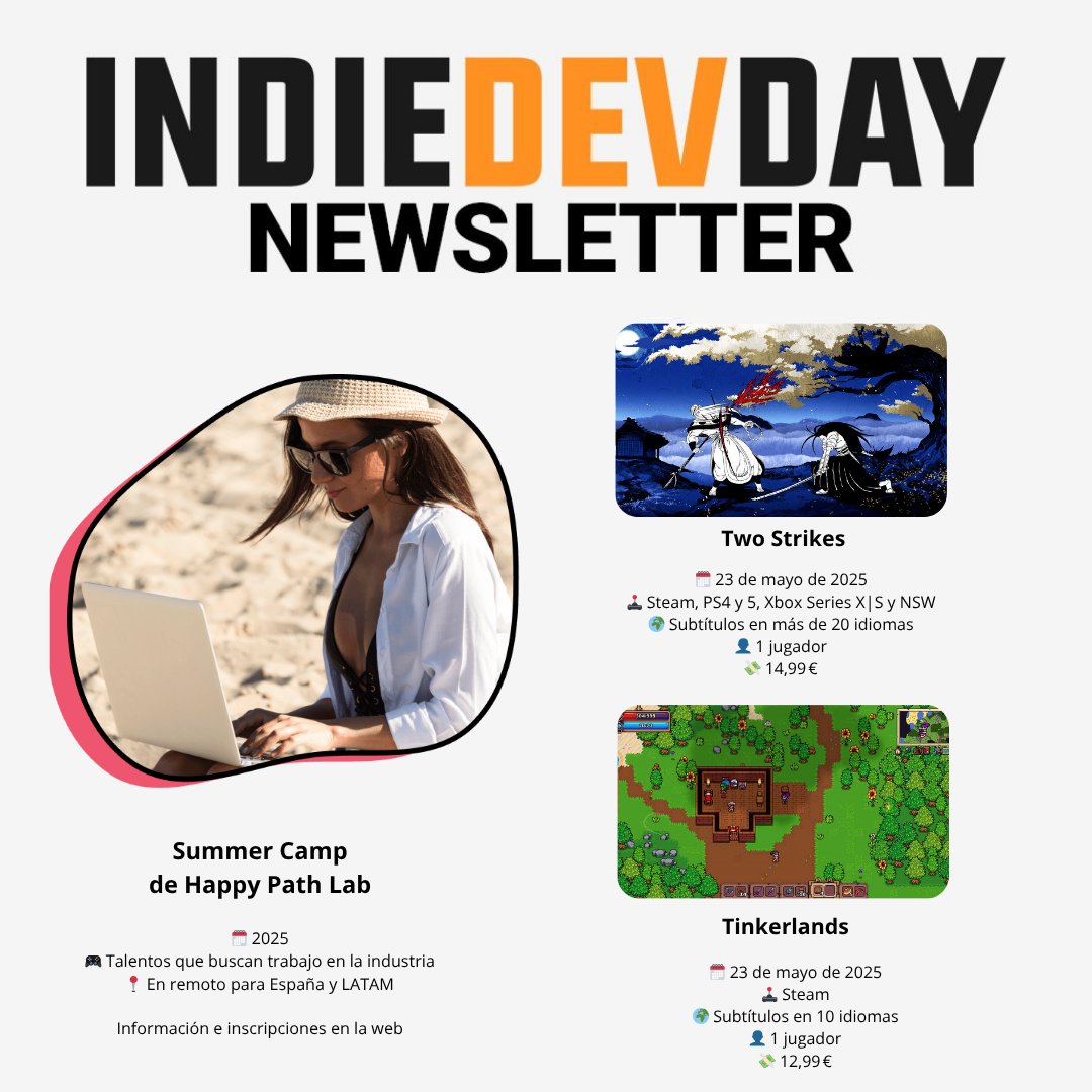 IndieDevDay (@indiedevday) on Twitter photo 📰 Newsletter 63📰
1️⃣ Summer Camp de <a href="/HappyPathLABes/">HappyPath LAB</a> 🖥
2️⃣ Two Strikes <a href="/dmbarbosa1/">Retro Reactor Games</a> 🎮
3️⃣ Tinkerlands <a href="/PlayTinkerlands/">Tinkerlands - Available now on Steam!</a> 🎮
Suscríbete en 🔗 eepurl.com/dJJ8u2 📰 Newsletter 63📰
1️⃣ Summer Camp de <a href="/HappyPathLABes/">HappyPath LAB</a> 🖥
2️⃣ Two Strikes <a href="/dmbarbosa1/">Retro Reactor Games</a> 🎮
3️⃣ Tinkerlands <a href="/PlayTinkerlands/">Tinkerlands - Available now on Steam!</a> 🎮
Suscríbete en 🔗 eepurl.com/dJJ8u2
