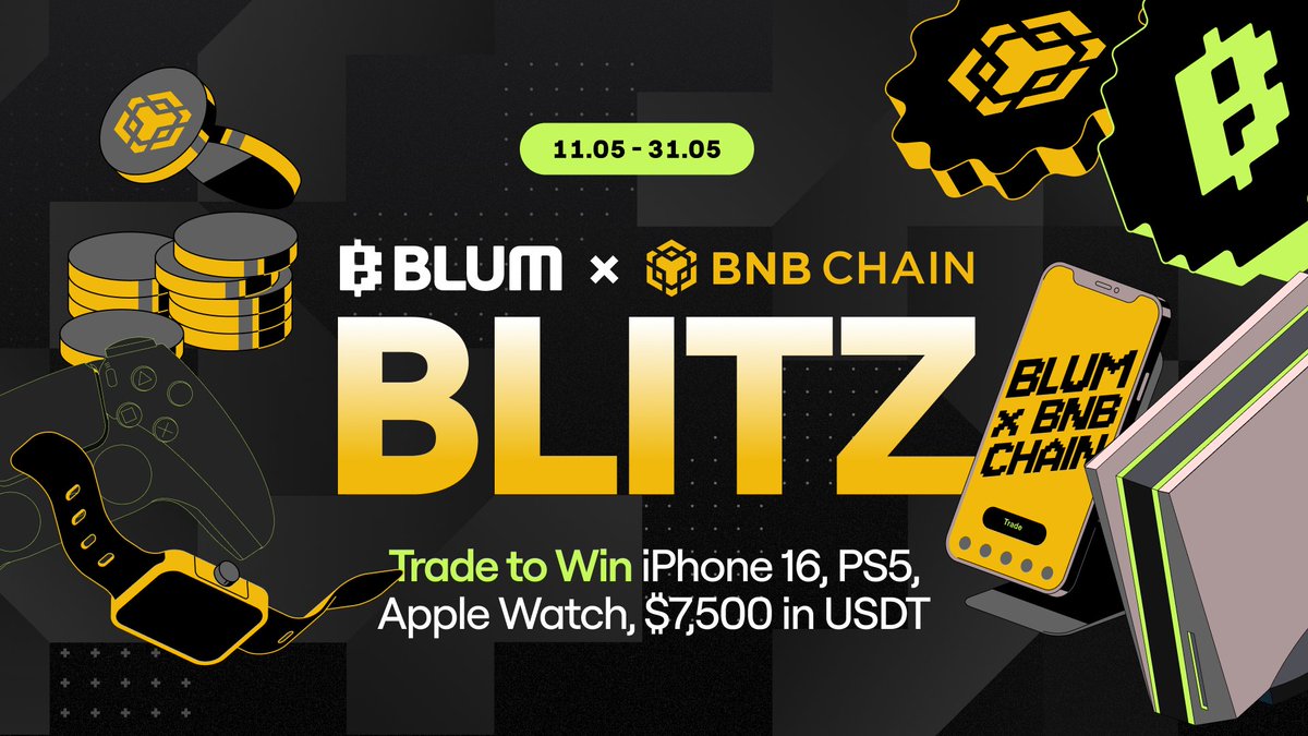 blumcrypto's tweet photo. 🔶 BNB Chain Blitz

Trade on @BNBCHAIN using the Blum Trading Bot for a chance to win an iPhone 16, PS5, Apple Watch, $7,500 in USDT, and exclusive Blum merch.

🗓️ May 11 – May 31

Full details 👉 https://t.co/mvvXuLQsQH https://t.co/DLycrarYls