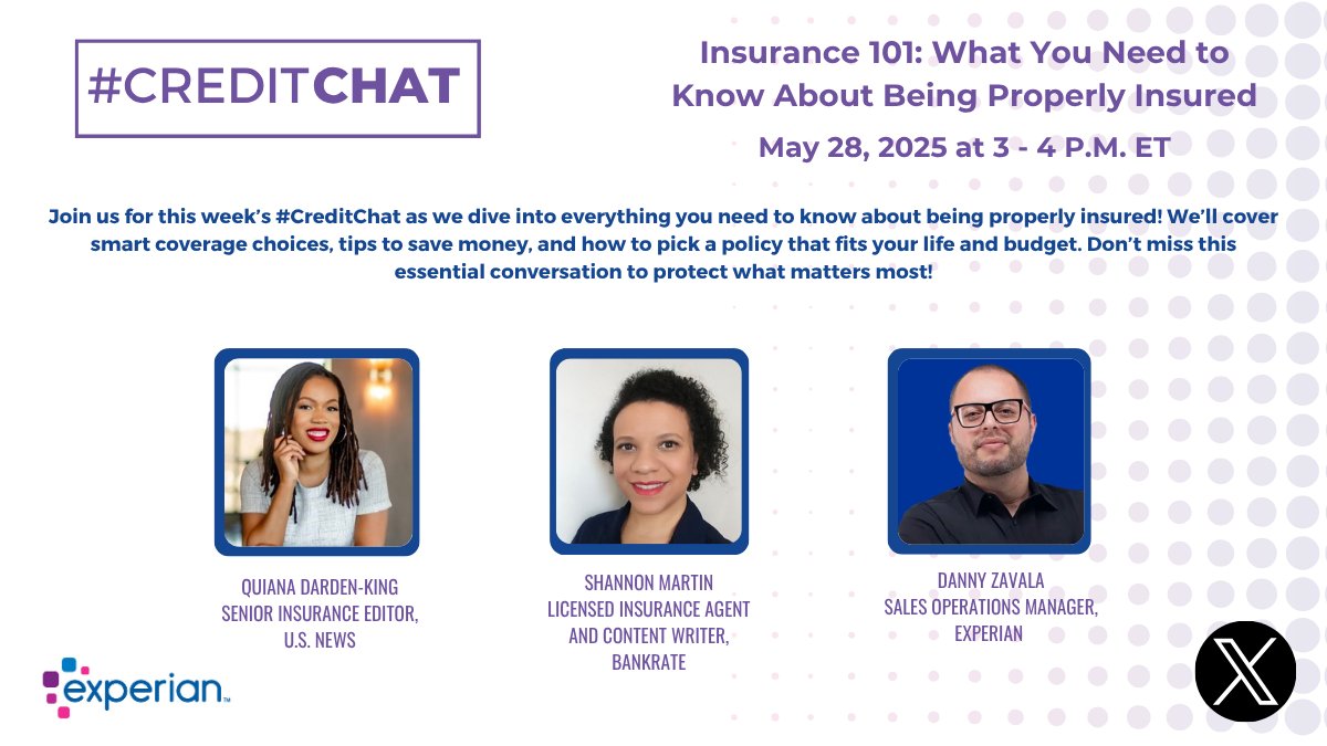 Don’t miss today's insurance-focused #CreditChat. We’ll be joined by <a href="/QuianaDarden/">Quiana Darden-King | Writer + Editor</a>, <a href="/BankrateShannon/">Shannon Martin</a>, and <a href="/DannyZavala1904/">Danny Zavala</a>: experian.com/blogs/news/abo…
