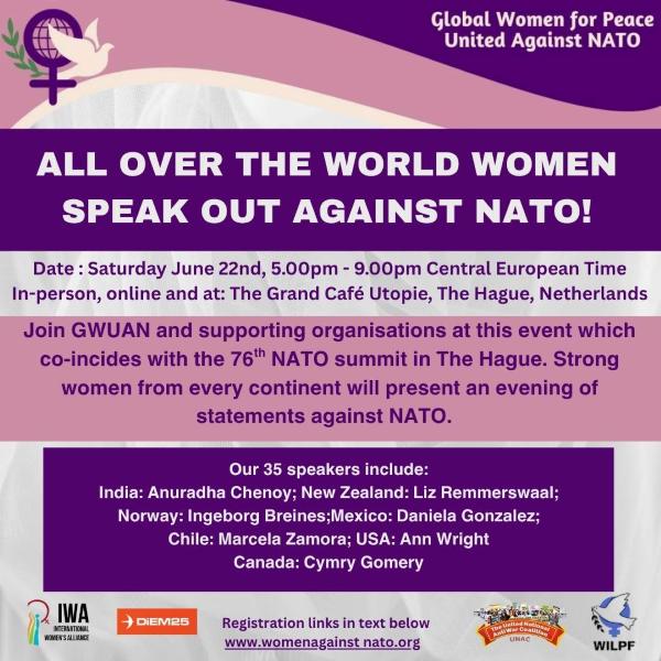 Strong women speaking out against NATO in The Hague on June 22nd at 5.00pm. Join us online or in person

For ONLINE registration click here us06web.zoom.us/webinar/regist…
For IN PERSON registrations click here eventbrite.co.uk/e/138163804959…