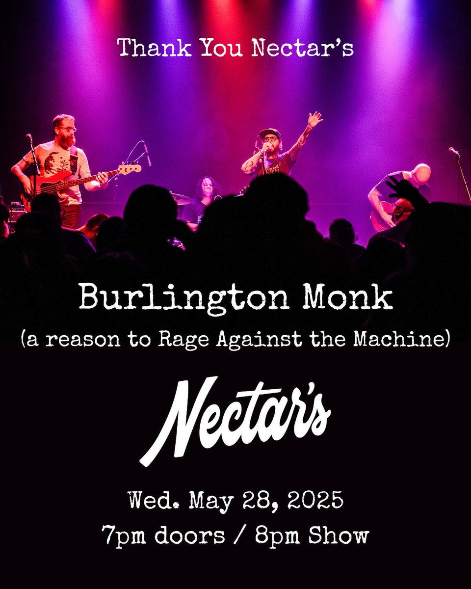 TONIGHT! Burning Monk storms the stage at Nectar’s with a no-holds-barred tribute to Rage Against the Machine. LET'S RAGE! Limited 18+ tix available.

🎟: bit.ly/3SBkKig