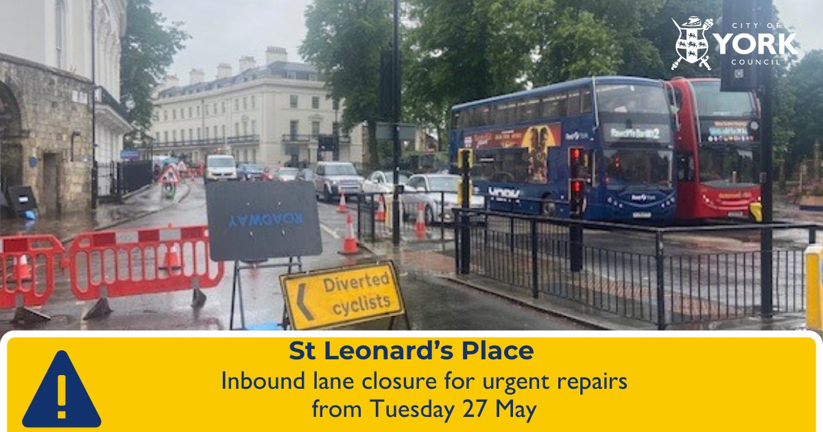 CityofYork's tweet photo. Thank you for your patience as work continues to make emergency repairs on St Leonard's Place. 

York is open for business but we are asking people to plan ahead. Travel information is available at https://t.co/0lfc1pfeBz https://t.co/FVgCxKqUo9