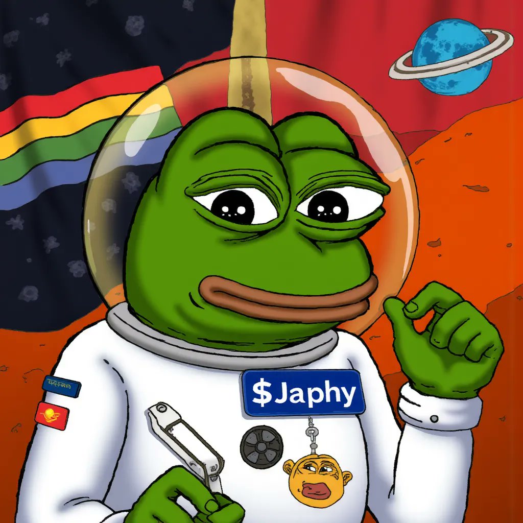 japhy_on_sol's tweet image. Prompt: 
Pepe in space suit on Mars
Flag with $Japhy logo, looking happy 🪐👽