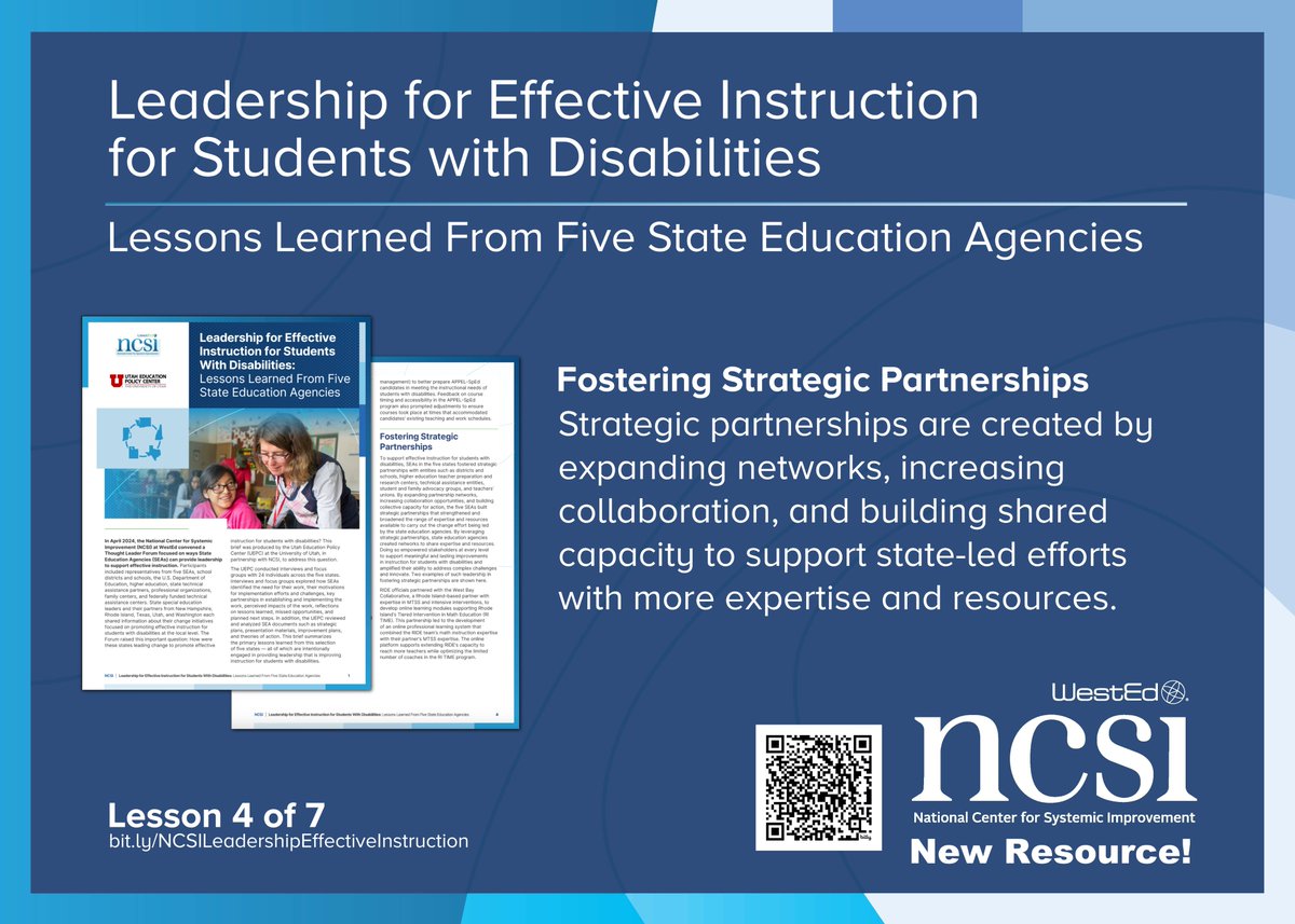 Lever 4: Fostering Strategic Partnerships: No leader acts alone. These states built strategic partnerships with families, family groups, universities, TA centers, and more to expand capacity and create collective change. 
Visit ncsi.wested.org/wp-content/upl…