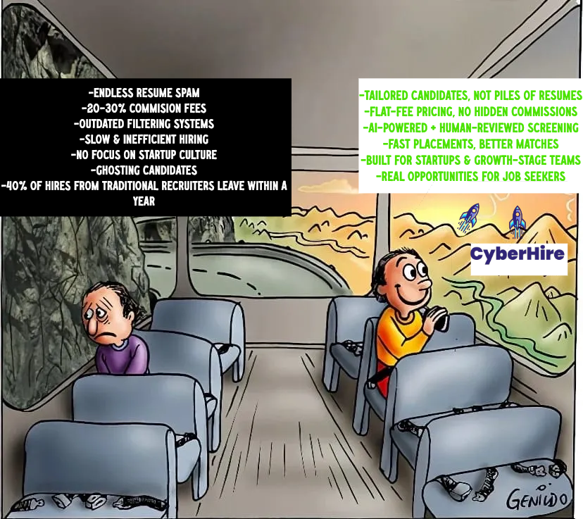 CyberHireAi's tweet photo. Two types of hiring experiences 👀
😤 Left side: noise, fees, and frustration.
🚀 Right side: fast, focused, and built for real results.
✨ At CyberHire, we keep it simple — and effective — for both companies and candidates.
#CyberHire #BDR #SDR #Memes #ai #salesmemes #future https://t.co/XaApSETZg4