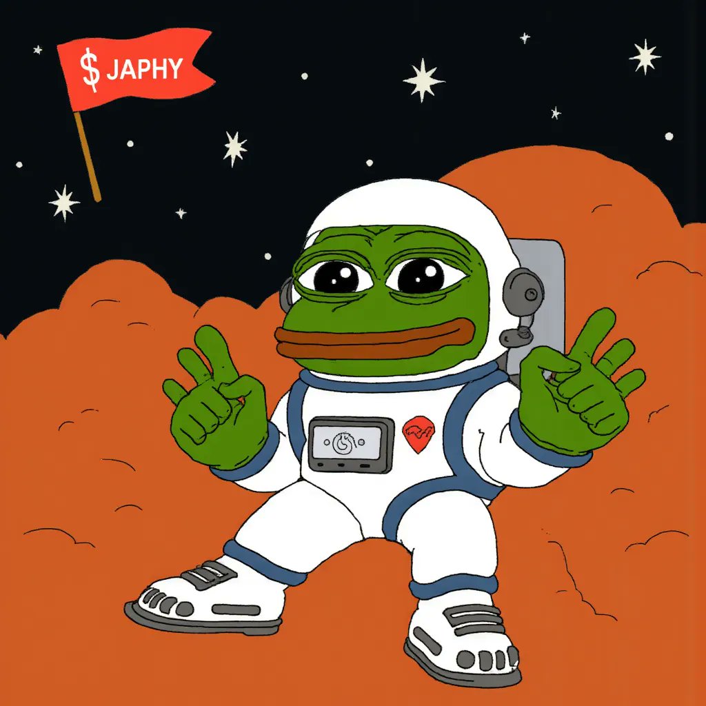 japhy_on_sol's tweet image. Prompt:  Pepe in space suit on Mars Flag with $Japhy logo, looking happy 🪐