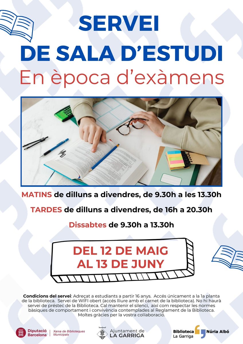 Biblioteca La Garriga (@bibliolagarriga) on Twitter photo ✏️ Sala d’estudi de primavera fins al 13 de juny
🕘 Matins: dilluns a dissabte, 9.30–13.30
🕓 Tardes: dilluns a divendres, 16.00–20.30
ℹ️ Accés els matins de dilluns, dimarts i dimecres:
+16 anys · 1a planta · WIFI amb carnet de les <a href="/bibliotequesXBM/">BibliotequesXBM</a> <a href="/ajlagarriga/">Ajuntament de la Garriga 🎗️</a> <a href="/XavGotaneg/">Xavier Gotanegra Ruiz</a> ✏️ Sala d’estudi de primavera fins al 13 de juny
🕘 Matins: dilluns a dissabte, 9.30–13.30
🕓 Tardes: dilluns a divendres, 16.00–20.30
ℹ️ Accés els matins de dilluns, dimarts i dimecres:
+16 anys · 1a planta · WIFI amb carnet de les <a href="/bibliotequesXBM/">BibliotequesXBM</a> <a href="/ajlagarriga/">Ajuntament de la Garriga 🎗️</a> <a href="/XavGotaneg/">Xavier Gotanegra Ruiz</a>