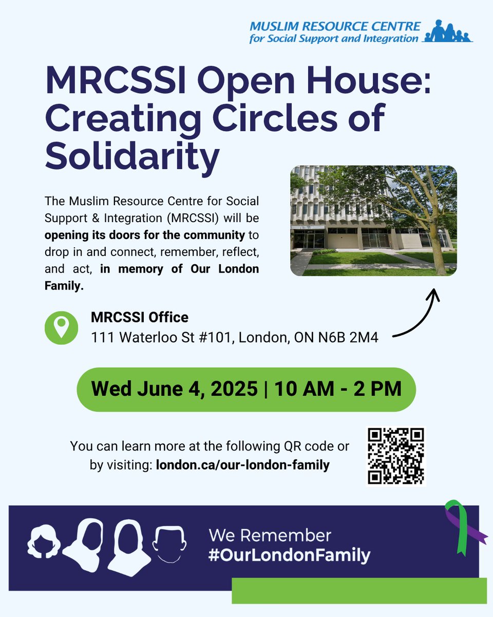 The Muslim Resource Centre for Social Support and Integration (MRCSSI) will be holding an Open House on June 4th from 10:00 a.m. to 2:00 p.m. to offer a safe and supportive space for drop-in to connect, remember, reflect and act. Everyone is welcome to attend.