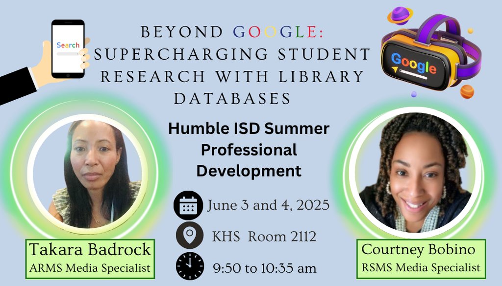 Autumn Ridge Middle School (@humbleisd_arms) on Twitter photo Tired of relying on Google for lesson planning? Do your students struggle to find reliable sources for research? Then, Beyond Google: Supercharging Student Research with Library Databases is the Summer PD you've been waiting for! <a href="/HumbleISD_lib/">Humble ISD Libraries</a> <a href="/Badrock_ARMS/">Takara Badrock, M.Ed</a> <a href="/HumbleISD_SMS/">Ross Sterling MS</a> Tired of relying on Google for lesson planning? Do your students struggle to find reliable sources for research? Then, Beyond Google: Supercharging Student Research with Library Databases is the Summer PD you've been waiting for! <a href="/HumbleISD_lib/">Humble ISD Libraries</a> <a href="/Badrock_ARMS/">Takara Badrock, M.Ed</a> <a href="/HumbleISD_SMS/">Ross Sterling MS</a>