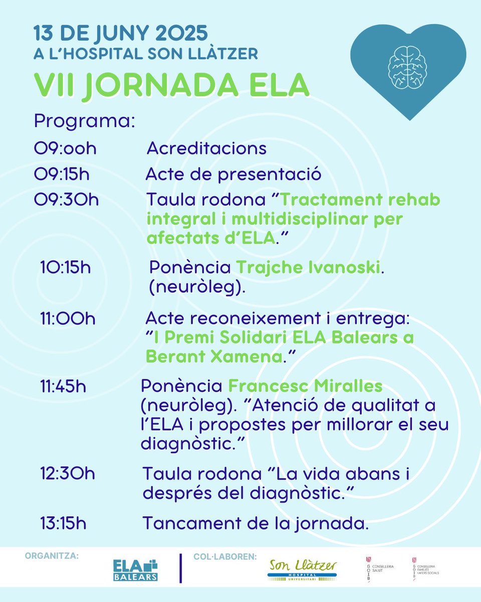‼️Compartimos nuevamente el programa de la VII Jornada ELA del próximo 13 de junio, porque por problemas de agenda, hemos cambiado el orden del día.

🧑🏻‍⚕️Recordad, es una jornada destinada a conocer más profundamente la ELA. Si eres profesional sanitario o tienes interés