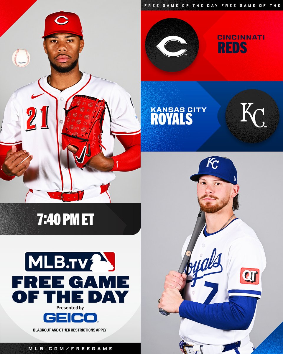MLB.TV (@mlbtv) on Twitter photo Hunter Greene and the <a href="/Reds/">Cincinnati Reds</a> take on Bobby Witt Jr. and the <a href="/Royals/">Kansas City Royals</a> tonight in Kansas City.
Watch for FREE at 7:40 PM ET on #MLBTV
(MLB x GEICO) Hunter Greene and the <a href="/Reds/">Cincinnati Reds</a> take on Bobby Witt Jr. and the <a href="/Royals/">Kansas City Royals</a> tonight in Kansas City.
Watch for FREE at 7:40 PM ET on #MLBTV
(MLB x GEICO)