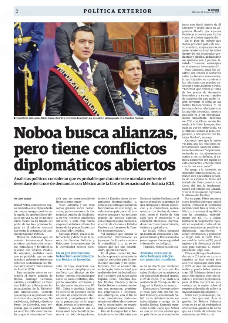 Agradezco a <a href="/eluniversocom/">El Universo</a> por la entrevista publicada hoy.

Ecuador busca reposicionarse como un aliado confiable y serio, atraer inversión y fortalecer vínculos con EE.UU., China y la región.

Resolver la controversia con México y avanzar en cooperación en seguridad, comercio y