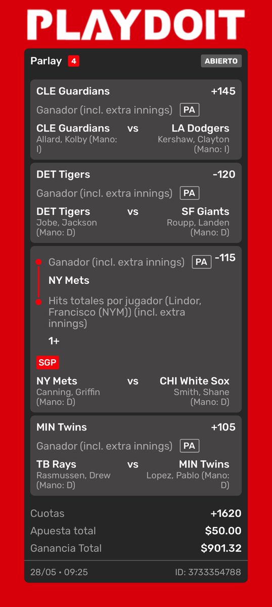 DexploPicks's tweet photo. 🔥 Parlay de locura con +1600 de momio 🔥
Hoy nos vamos con este cuarteto de poder en la MLB 🧢⚾️

✅ Guardians a ganarle a Dodgers
✅ Tigers a cobrar contra Giants
✅ Mets con victoria y hit de Lindor
✅ Twins sacando la sorpresa contra Rays

#MLB #ParlayDelDía #Playdoit https://t.co/czD3yq9hYh
