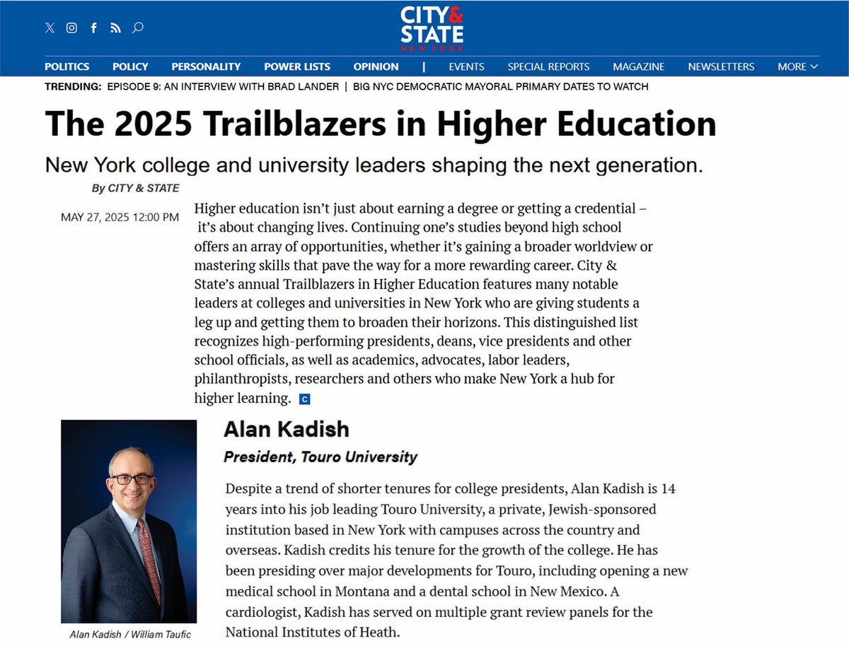 Touro University (@wearetouro) on Twitter photo Congrats to Touro pres <a href="/DrKadish/">Alan Kadish</a> for making the <a href="/CityAndStateNY/">City & State NY</a> 2025 higher ed trailblazers list!
cityandstateny.com/power-lists/20… Congrats to Touro pres <a href="/DrKadish/">Alan Kadish</a> for making the <a href="/CityAndStateNY/">City & State NY</a> 2025 higher ed trailblazers list!
cityandstateny.com/power-lists/20…