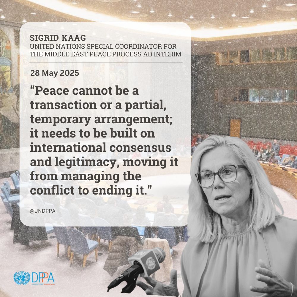 UN Political and Peacebuilding Affairs (@undppa) on Twitter photo Today at the Security Council, <a href="/UN/">United Nations</a> Special Coordinator ad interim Sigrid Kaag urged bold political decisions to break the cycle of violence in the Middle East. “The two-State solution is on life support—reviving it requires collective action.” Her remarks: unsco.unmissions.org/sites/default/… Today at the Security Council, <a href="/UN/">United Nations</a> Special Coordinator ad interim Sigrid Kaag urged bold political decisions to break the cycle of violence in the Middle East. “The two-State solution is on life support—reviving it requires collective action.” Her remarks: unsco.unmissions.org/sites/default/…