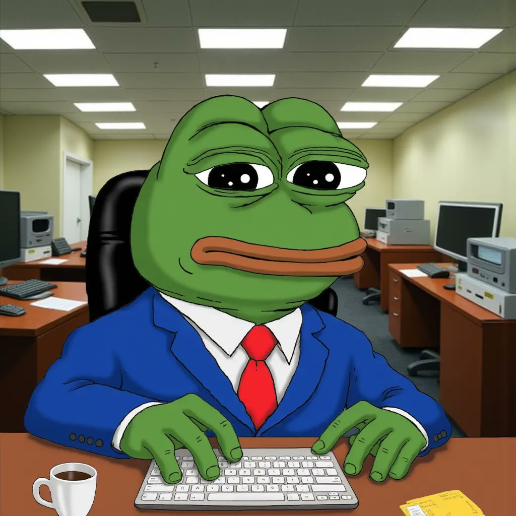 japhy_on_sol's tweet image. Prompt:
Sad Pepe working 9-5
Office cubicle hell, fluorescent lights, coffee spilled on keyboard 😩☕️