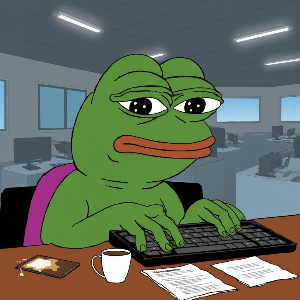 japhy_on_sol's tweet image. Prompt:
Sad Pepe working 9-5
Office cubicle hell, fluorescent lights, coffee spilled on keyboard 😩☕️