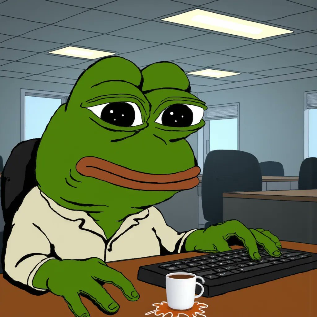 japhy_on_sol's tweet image. Prompt:
Sad Pepe working 9-5
Office cubicle hell, fluorescent lights, coffee spilled on keyboard 😩☕️