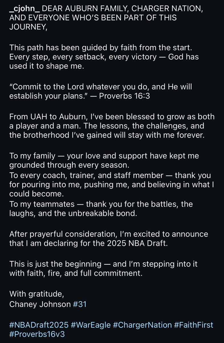 UAH and Auburn star Chaney Johnson announced he has declared for the 2025 NBA Draft: