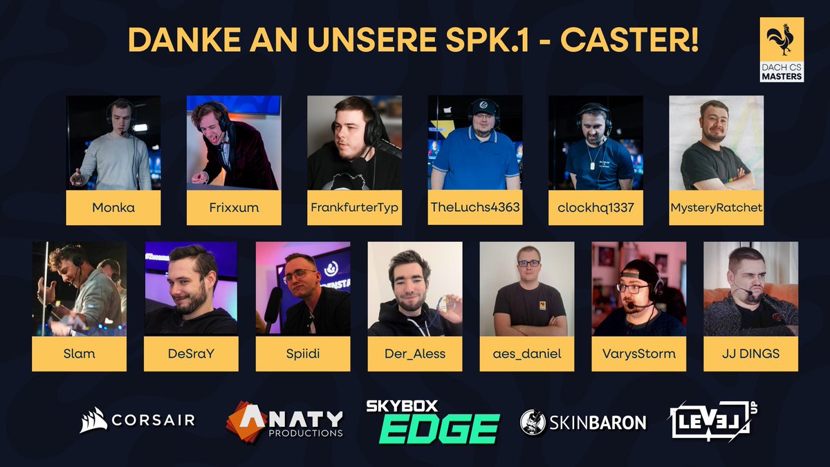 Mit Abschluss der regulären Season und den Spk.1 Playoffs ist es Zeit DANKE zu sagen! 🤩

DANKE an all unsere Caster in der Spielklasse 1, die sich jeden Montag und Mittwoch hingesetzt haben, um euch die Partien mit ihrer Leidenschaft, ihrem Humor und ihrer Stimme nähergebracht