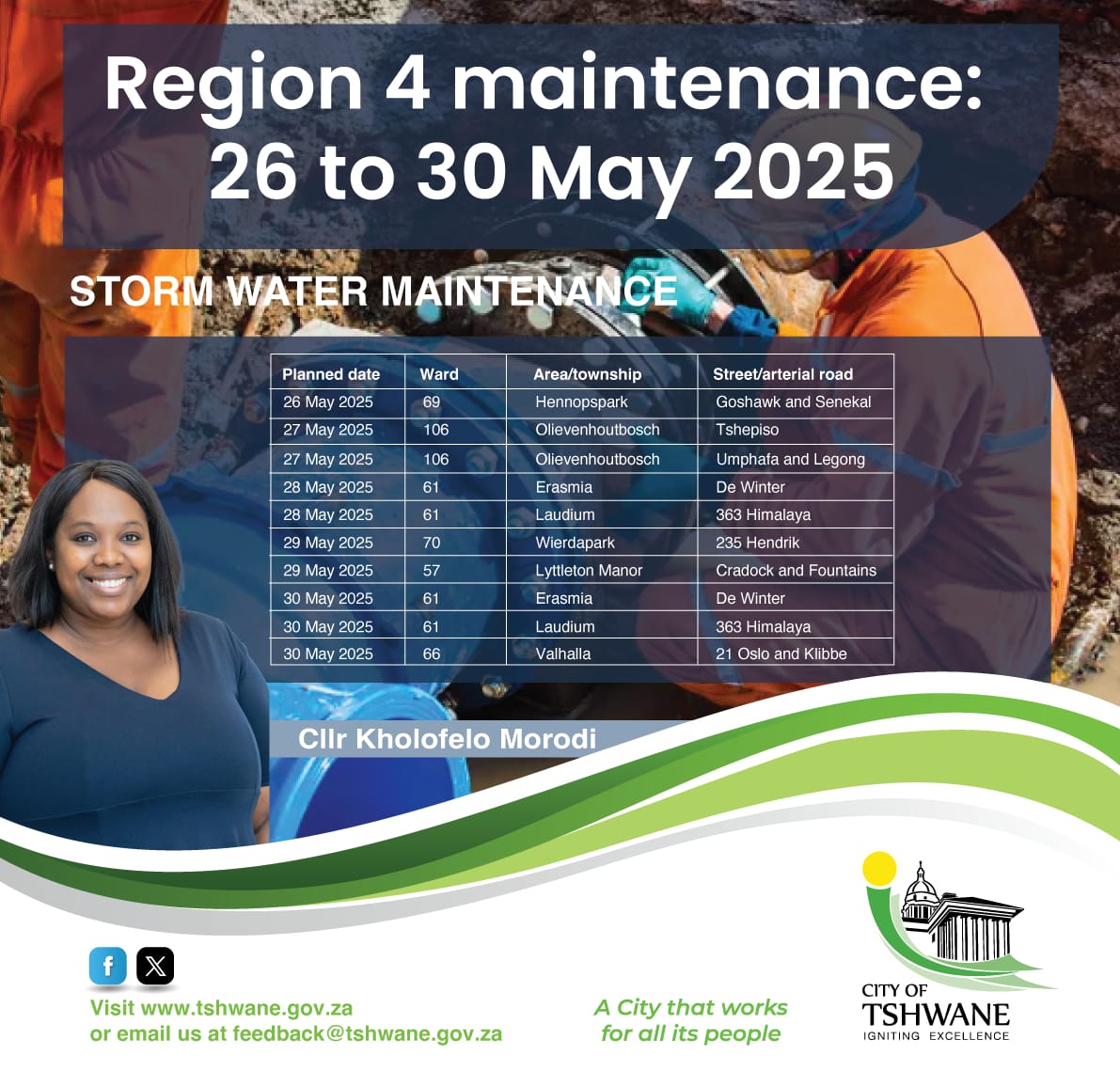 Kholofelo Morodi (@kholofelomorodi) on Twitter photo 💧 This week, our teams are clearing stormwater drains to reduce flooding and protect infrastructure.
Check the e-card for the full maintenance schedule — we’re keeping Region 4 ready for any storm.
<a href="/CityTshwane/">City of Tshwane</a> #Region4 #StormwaterMaintenance #FloodPrevention #TshwaneDelivers 💧 This week, our teams are clearing stormwater drains to reduce flooding and protect infrastructure.
Check the e-card for the full maintenance schedule — we’re keeping Region 4 ready for any storm.
<a href="/CityTshwane/">City of Tshwane</a> #Region4 #StormwaterMaintenance #FloodPrevention #TshwaneDelivers
