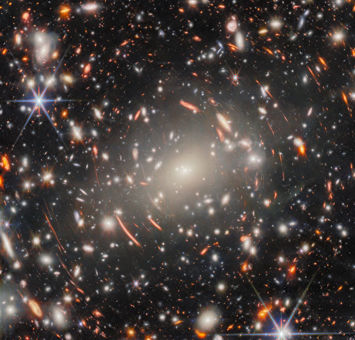 SpaceScience_'s tweet photo. 🚨 ‼️Okay arrêtez tout ce que vous faites et ADMIREZ !!!! 

Le télescope James Webb vient de nous montrer des galaxies à foison, qui existaient avant même la naissance de la Terre. La galaxie au centre, située à 4,5 milliards d’années lumière, est si dense qu’elle fait ce que l’on appelle une lentille gravitationnelle :

En gros, les formes arrondies que vous voyez sont des galaxies DERRIÈRE elle. Mais elle déforme tellement l’espace temps que la lumière est déviée et arrive à nos yeux