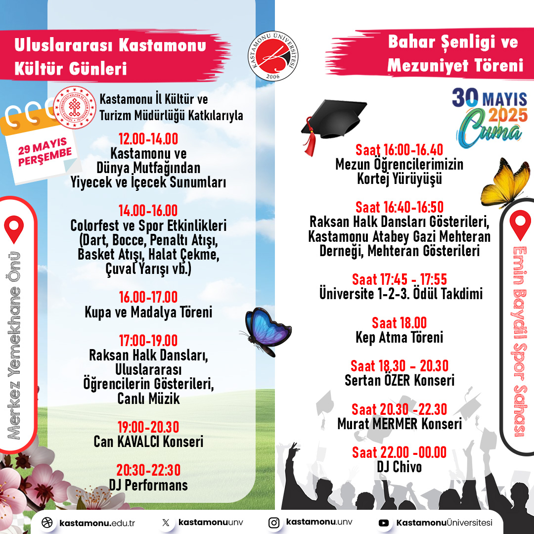 Üniversitemizde bahar coşkusu başlıyor! 🎉

📣 Uluslararası Kültür Günleri ile Bahar Şenliği &amp; Mezuniyet Töreninin ayrıntılı programı yayımlandı! 

🎶 Lezzet, müzik, dans, ödüller ve unutulmaz anlar bizleri bekliyor.

#KastamonuÜniversitesi 
#KültürGünleri #Mezuniyet2025