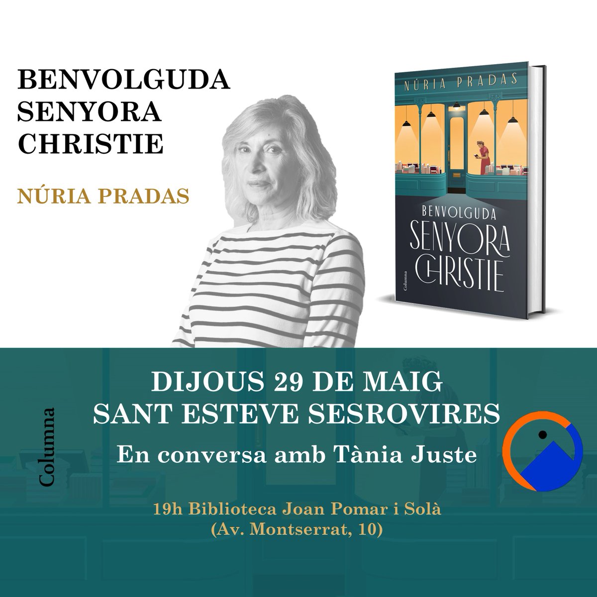 📅🔍📚Molt contents de celebrar una altra presentació de 'Benvolguda senyora Christie', de <a href="/NuriaPradas/">Núria Pradas</a>:

⌚Dijous 29 de maig - 19h
📍Biblioteca Joan Pomar i Solà, #SantEsteveSesrovires
🗣Conversa amb <a href="/TaniaJusteBooks/">Tània Juste libros</a>

➡ Us hi esperem!
<a href="/Grup62/">Grup62</a>