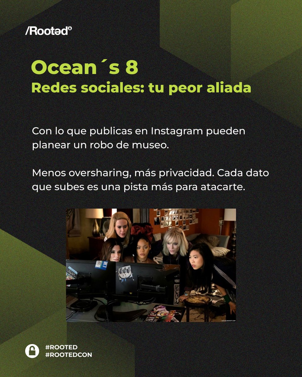 rootedcon's tweet image. 🎬🔍 Cuando Hollywood habla de ciberseguridad, la realidad se mezcla con la ficción… ¡y no siempre sale bien parado!
¿Te suena alguna escena que te dejó con la ceja arqueada? Cuéntanoslo. Porque en Rooted, sabemos que la ciberseguridad real es mucho más que un efecto especial.…