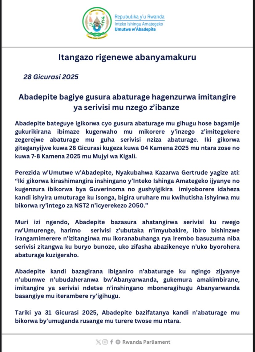Itangazo rigenewe abanyamakuru:
Abadepite bagiye gusura abaturage hagenzurwa
imitangire ya serivisi mu nzego z’ibanze.
#DepiteMuBaturage