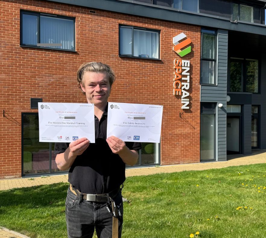 EntrainSpace's tweet photo. A big "Well Done" to our Building Presentation Assistant, resident and @MercianRegiment #veteran, Rhys, for passing both the Fire Warden (Fire Marshal) training and Fire Safety Awareness courses! 👏 
#EntrainSpace https://t.co/CjcFiGuRXJ