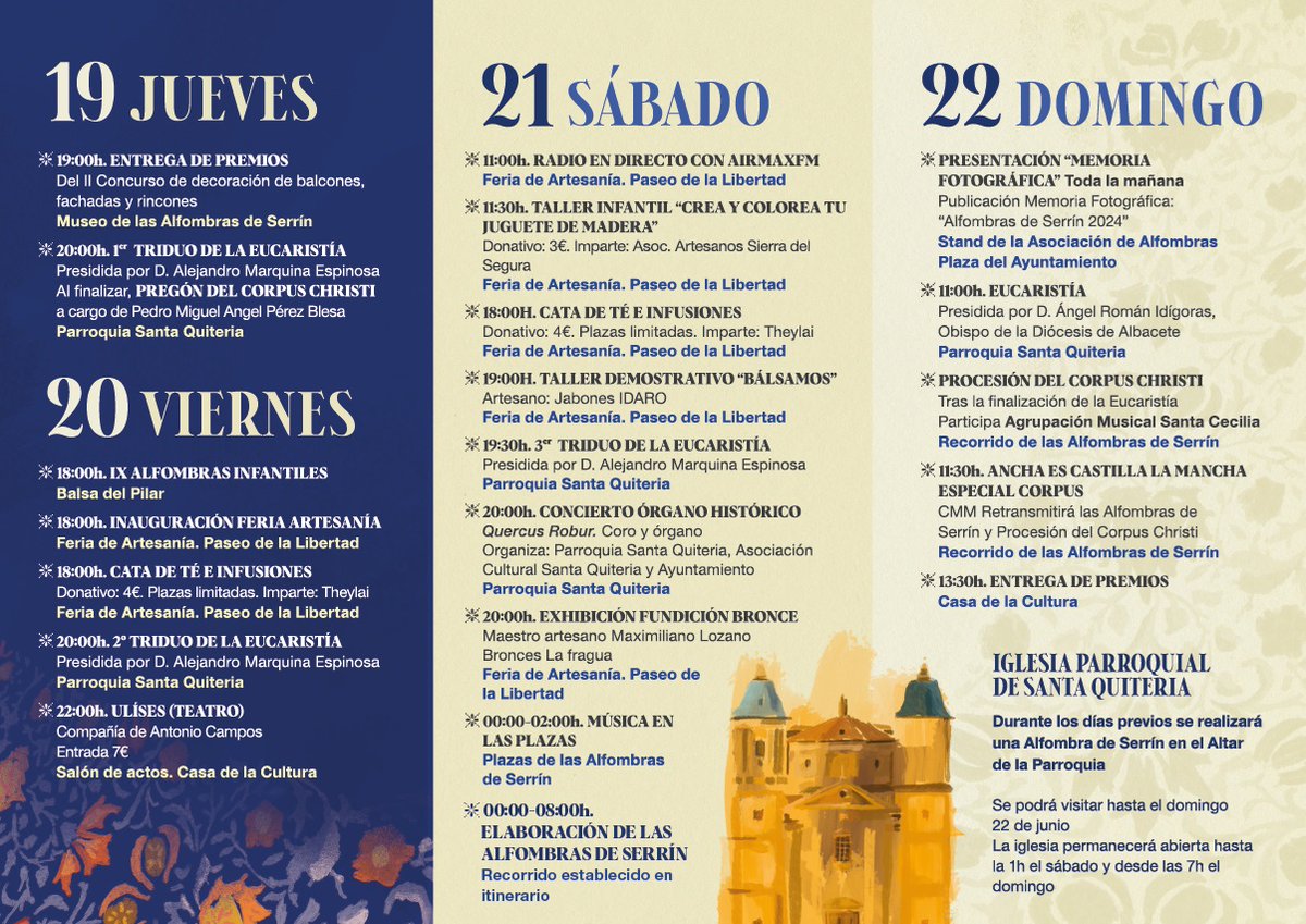 🎨🌸 ¡Vuelve el arte efímero a Elche de la Sierra!
Del 20 al 22 de junio, las calles se llenan de color con las Alfombras de Serrín 2025: 24 tramos, 3 plazas, +600 alfombristas y todo un pueblo creando magia en una noche 🌙✨ goo.su/ORHRI