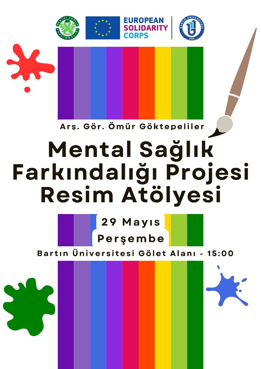 AB Esc-30 Dayanışma Projemizin kapanış etkinliği olan Resim Atölyesi, 29 Mayıs Perşembe günü saat 15.00’te Bartın Üniversitesi Gölet Alanı’nda gerçekleşecektir.

Atölyemiz, Arş. Gör. Ömür Göktepeliler eşliğinde düzenlenecektir.

Yarın görüşmek üzere! 💚