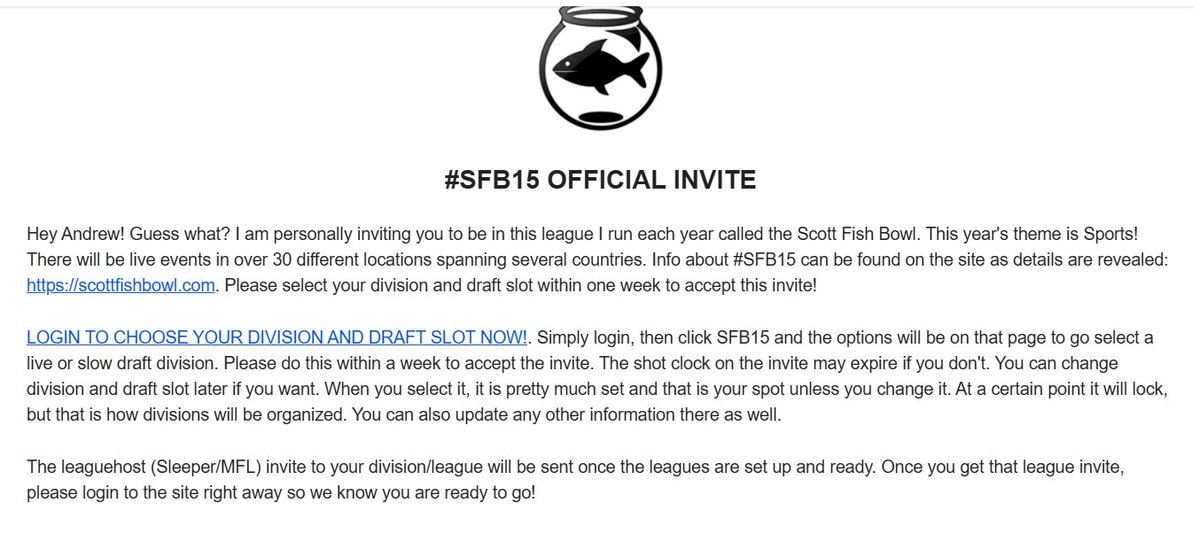 I somehow missed this email last week- but I am SO excited to be a part of #SFB15! I've enjoyed meeting so many people over the years through this awesome event, and I look forward to seeing how much money we're able to raise again this season. Thanks <a href="/ScottFish24/">Scott Fish</a>!