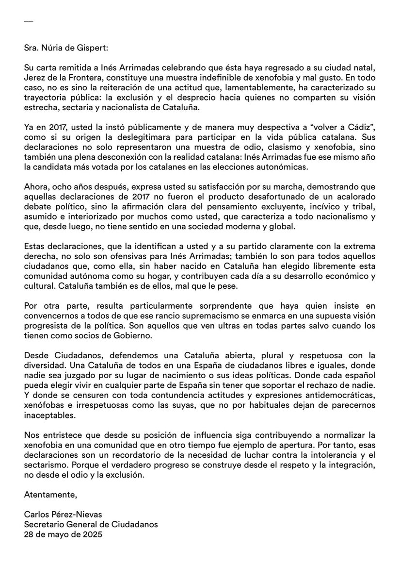 Ciudadanos 🇪🇸🇪🇺 (@ciudadanoscs) on Twitter photo Carta abierta de nuestro Secretario General, <a href="/CPerezNievas/">Carlos Pérez-Nievas</a>,
a la expresidenta del Parlament de Cataluña, Núria de Gispert. Carta abierta de nuestro Secretario General, <a href="/CPerezNievas/">Carlos Pérez-Nievas</a>,
a la expresidenta del Parlament de Cataluña, Núria de Gispert.