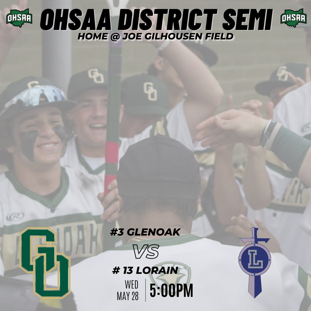 GlenOak Baseball (@glenoakbaseball) on Twitter photo 🚨GAMEDAY - OHSAA DISTRICT SEMI🚨
⚾️23-4
🆚Lorain Titans <a href="/lorainathletics/">Lorain Athletics</a>
📅Wed May 28
⏰5:00PM
🏟️Joe Gilhousen Field
🎟️ohsaa.org/tickets 🚨GAMEDAY - OHSAA DISTRICT SEMI🚨
⚾️23-4
🆚Lorain Titans <a href="/lorainathletics/">Lorain Athletics</a>
📅Wed May 28
⏰5:00PM
🏟️Joe Gilhousen Field
🎟️ohsaa.org/tickets